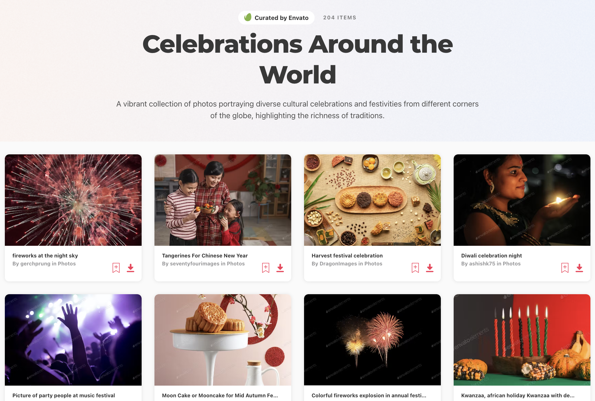 Screenshot of curated collection "Celebrations Around the World", a vibrant collection of photos portraying diverse cultural celebrations and festivities from different corners of the globe, highlighting the richness of traditions.